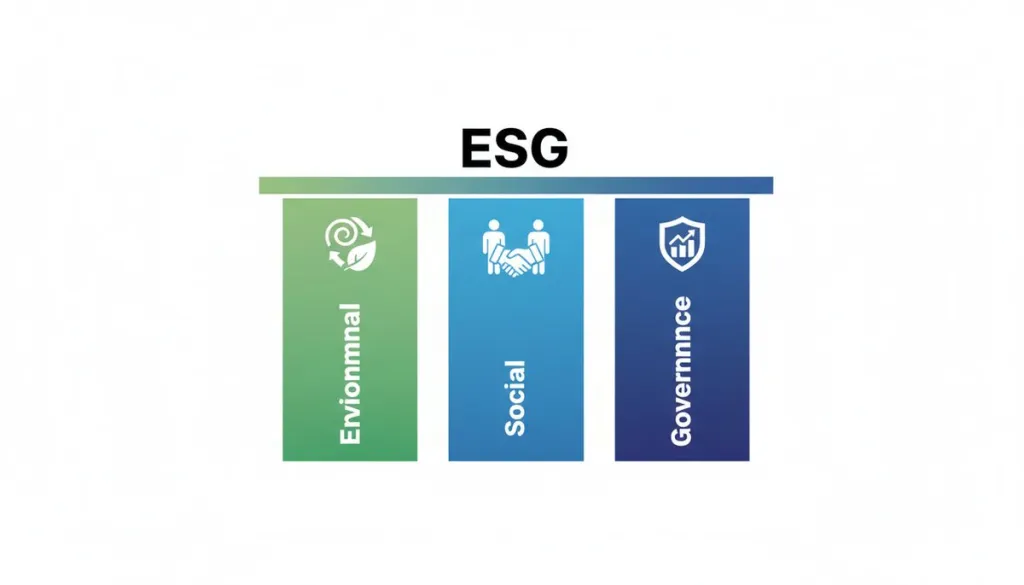 The three pillars of ESG — Environmental, Social, and Governance — shown as interconnected elements supporting responsible business practices