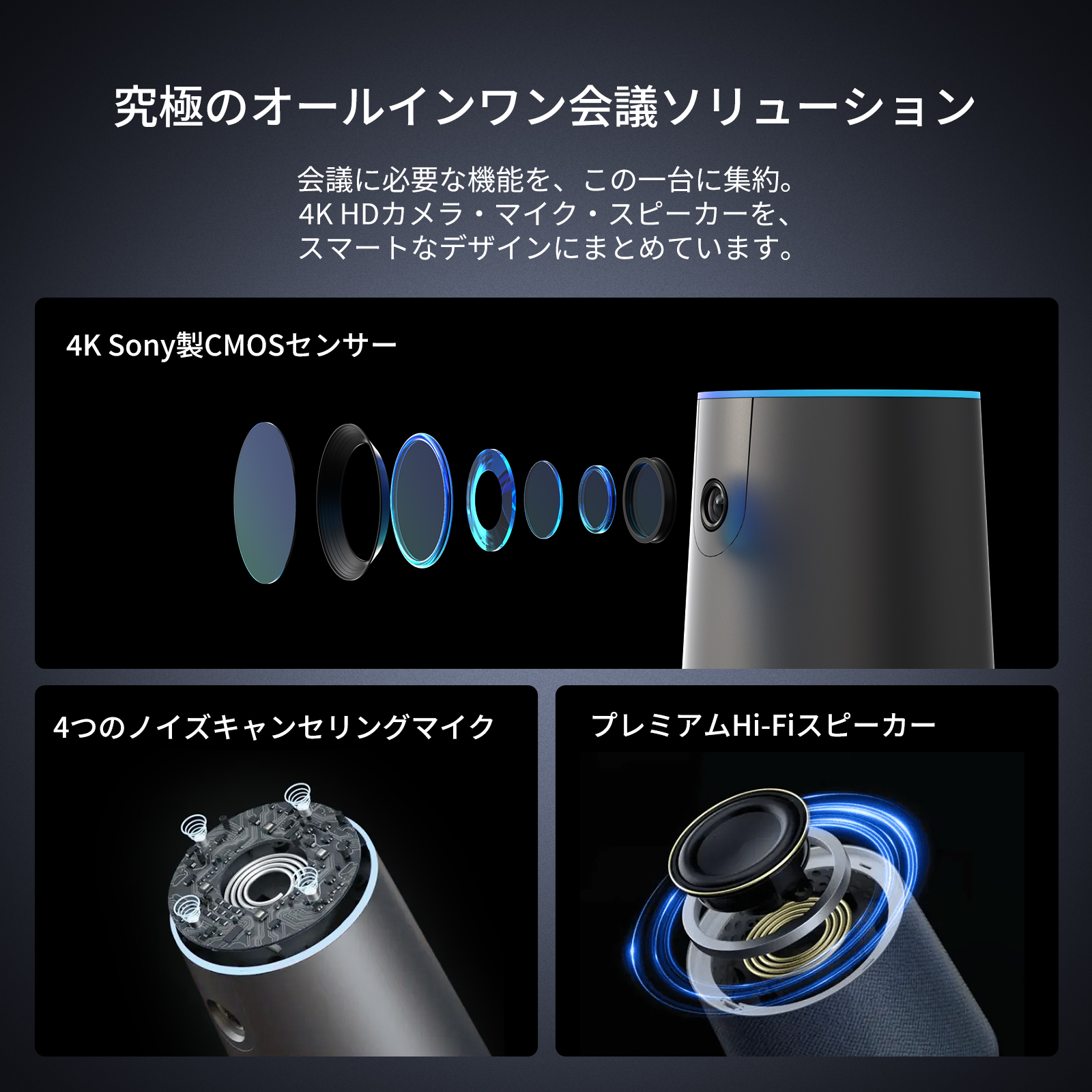 Nearity 120 Max ALL-IN-ONE Webカメラ 本体 Nearity 120 Max：真の4K対応・120度会議用カメラ、ワイヤレスAI会議