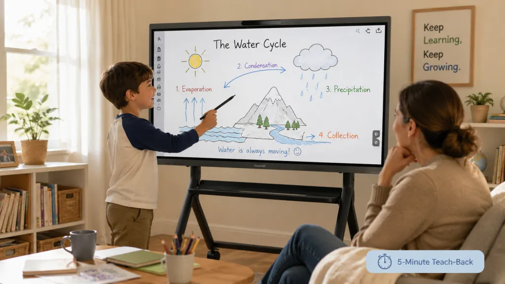 A child uses a NearHub Board Max to explain a lesson diagram with a stylus while a parent listens, illustrating a five-minute teach-back activity at home.