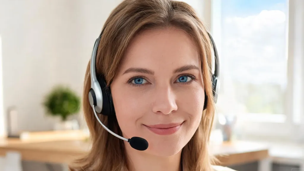 A calm, focused professional wearing a wireless headset and smiling during a video call at a bright home workspace, relaxed and candid