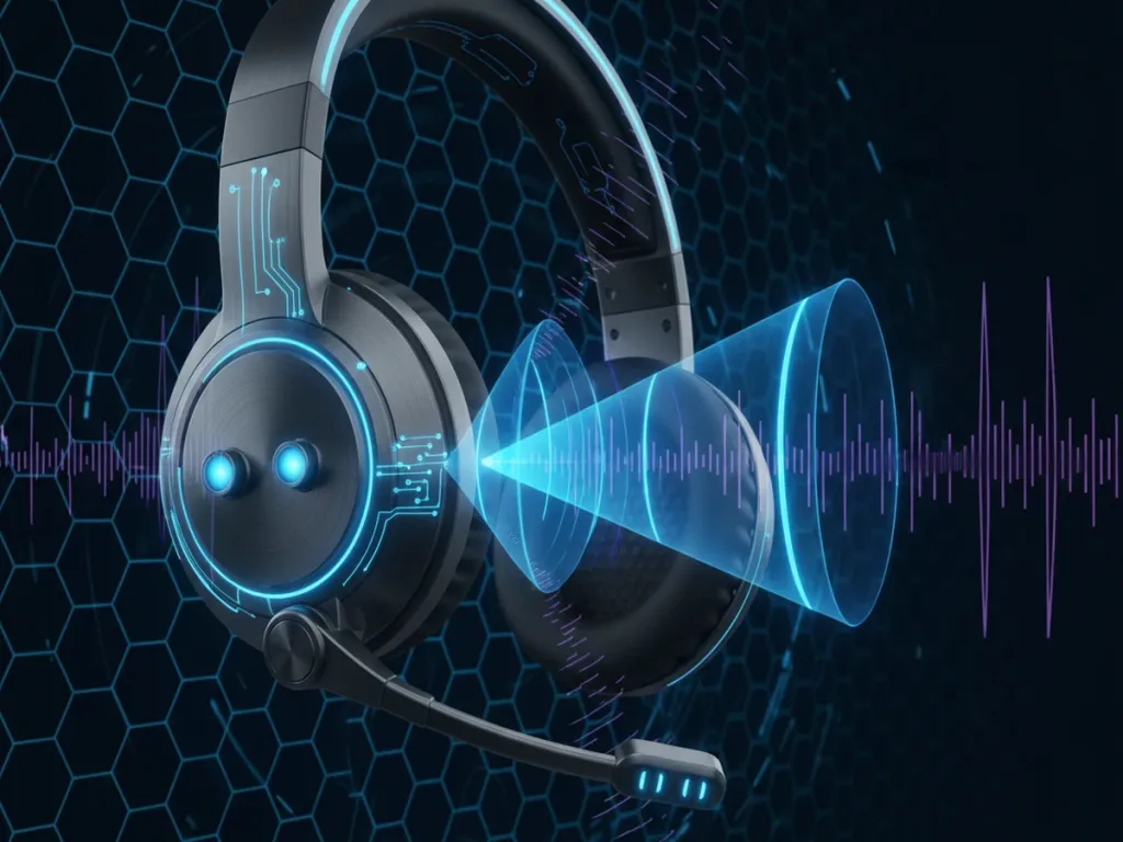 3D visualization of 4-microphone array on headset showing directional beamforming focused on mouth while suppressing ambient noise