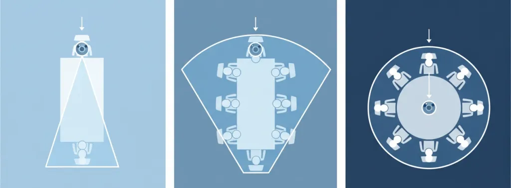 画角と部屋のカバー範囲の関係を示す図解——78度と120度と360度の比較概念図