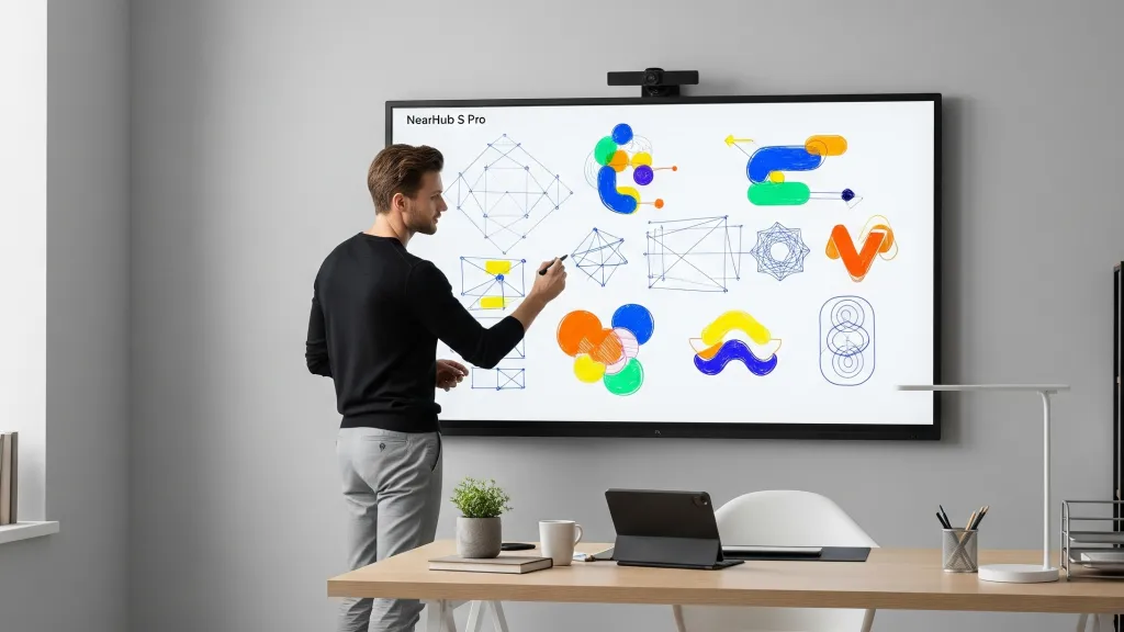 A creative freelance graphic designer sketching logo concepts on a NearHub S Pro Smart Whiteboard in a modern 2026 home studio.