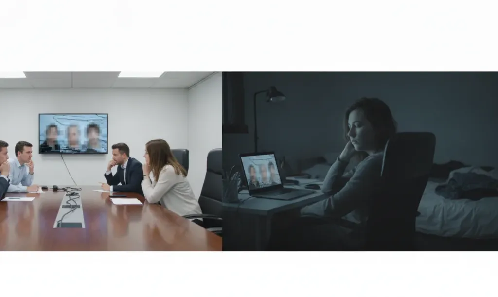 Split scene showing frustrated in-office team on one side and disengaged remote worker on the other, illustrating hybrid meeting pain points