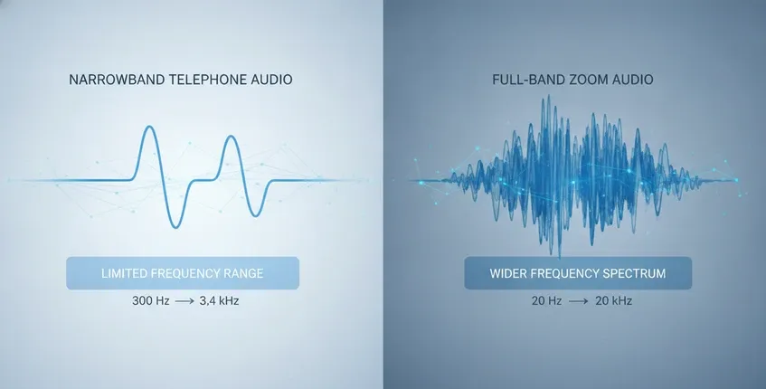 Technical comparison of narrowband telephone audio versus full-band Zoom audio showing limited versus wide frequency spectrum range