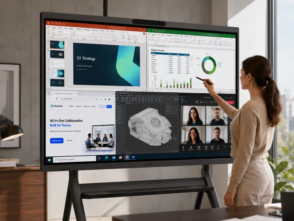 NearHub Board Max interactive display running Windows apps, CAD software, browser, Office, and video conferencing tools.