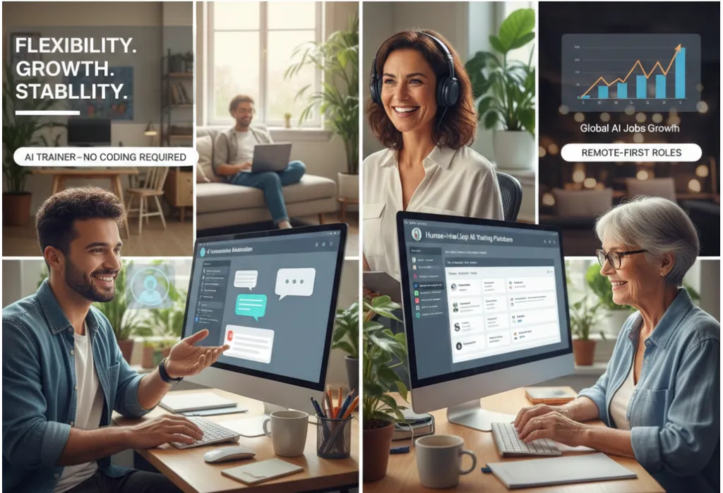 A collage showcasing the 2026 future of work trends, featuring diverse individuals of different ages and backgrounds working as AI trainers and data annotators from comfortable home environments.