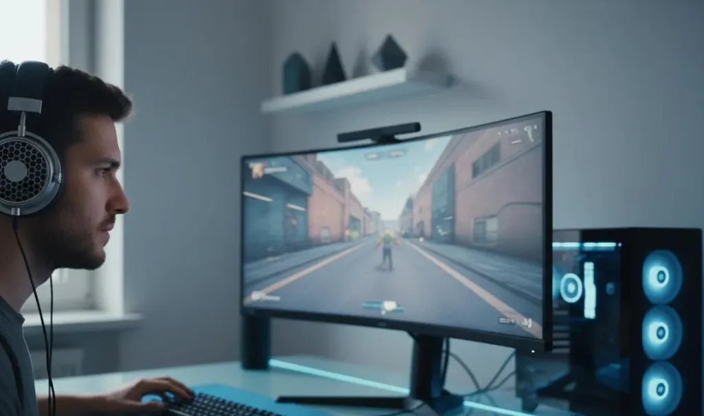 A gamer wearing open-back headphones during an intense FPS gaming session, side profile showing the headphone's open grille design, cool blue ambient lighting