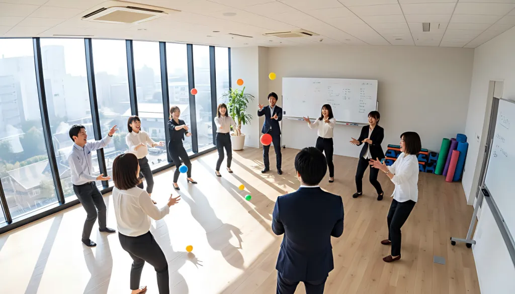 チームワークを高めるゲームの一環として、チームビルディング研修でボールを使ったコミュニケーション強化の新入社員研修ゲームを楽しむ社員たち
