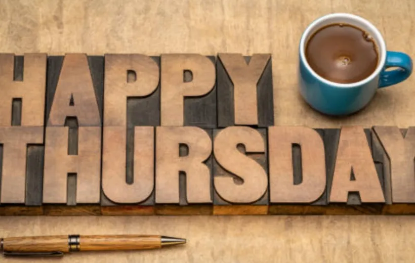 happy thursday characters with a cup of coffee and a pen