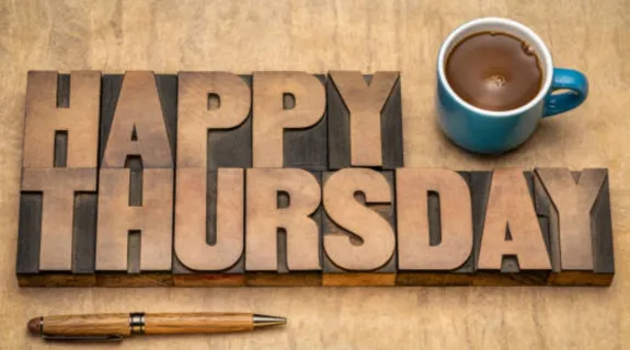 happy thursday characters with a cup of coffee and a pen