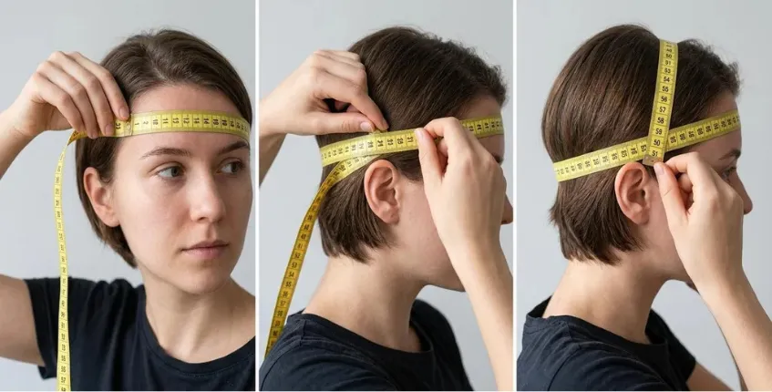 Step-by-step guide showing how to measure head circumference with a soft tape measure for headphone fitting