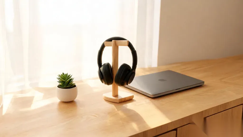 A clean organized modern desk with black over-ear headphones resting on a wooden stand beside a small plant and a closed laptop