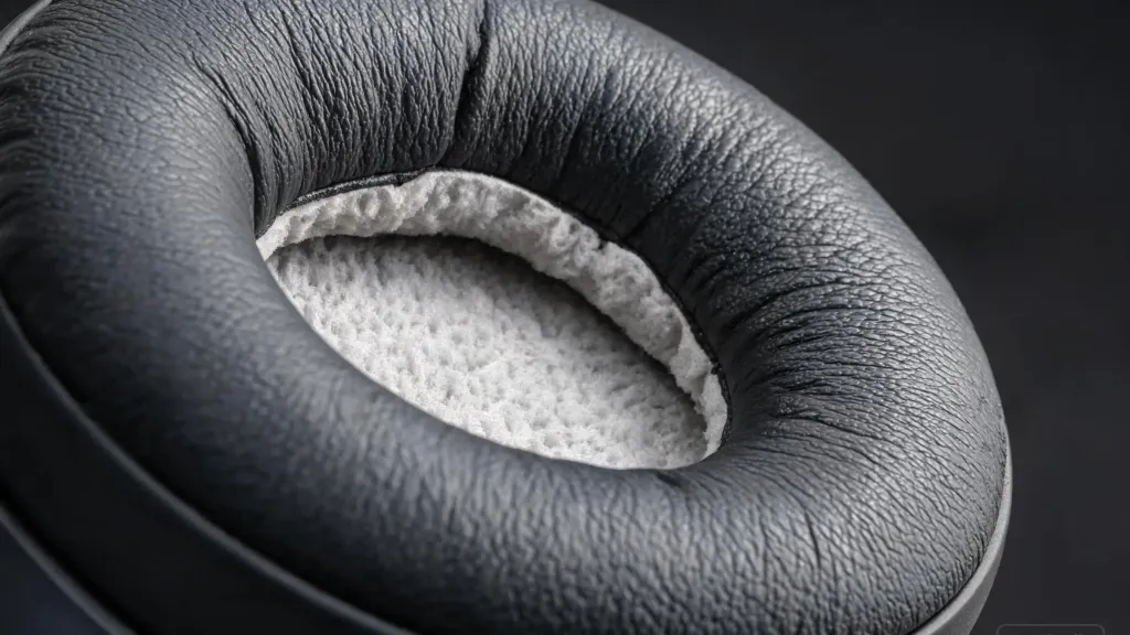 Macro close-up of a soft protein leather ear cushion with memory foam padding
