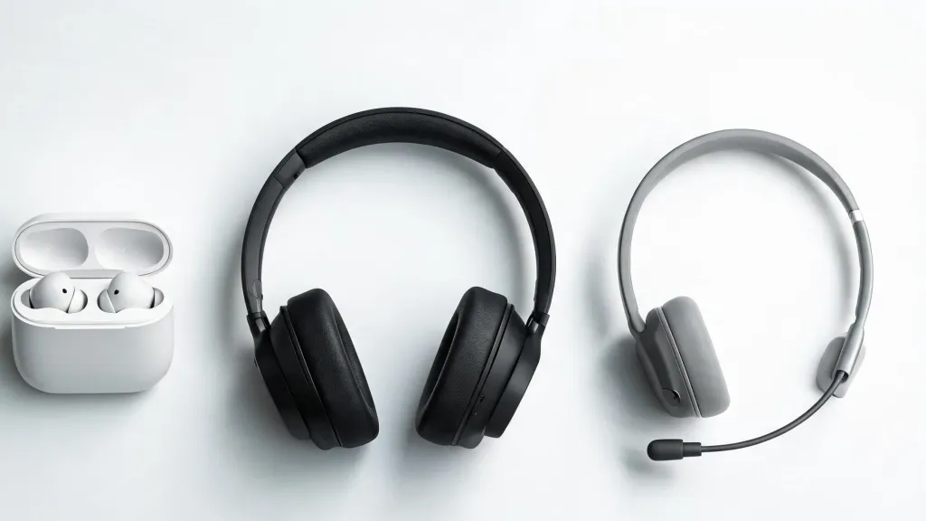 Three headphone styles arranged side by side: earbuds, over-ear headphones, and a professional headset