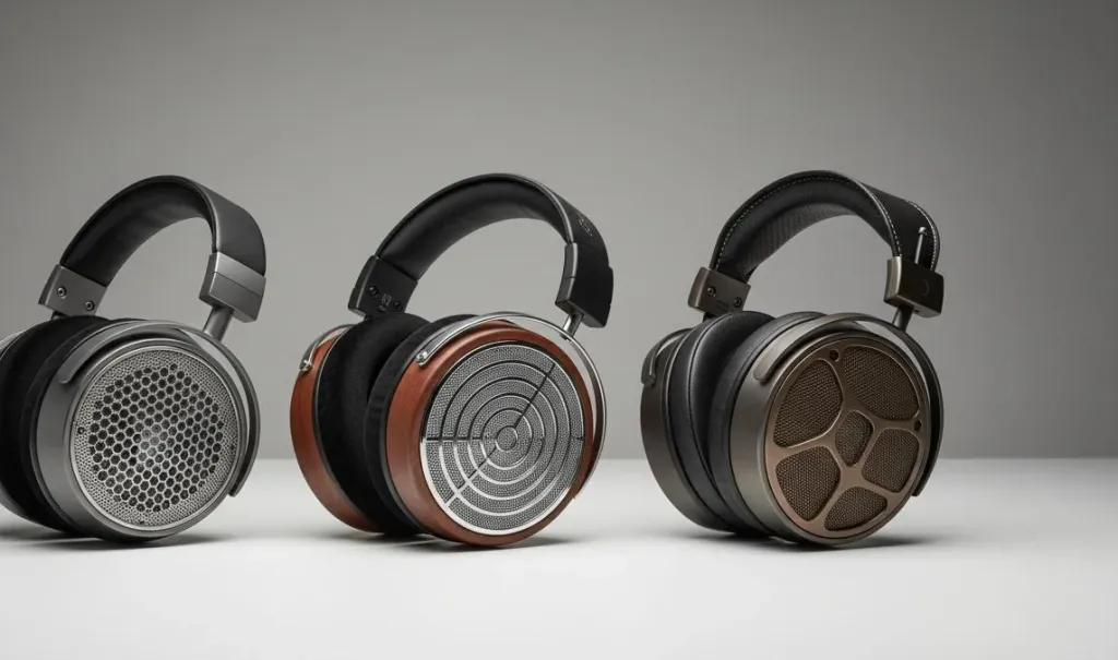 Three premium open-back headphones displayed side by side showing different grille designs under studio lighting