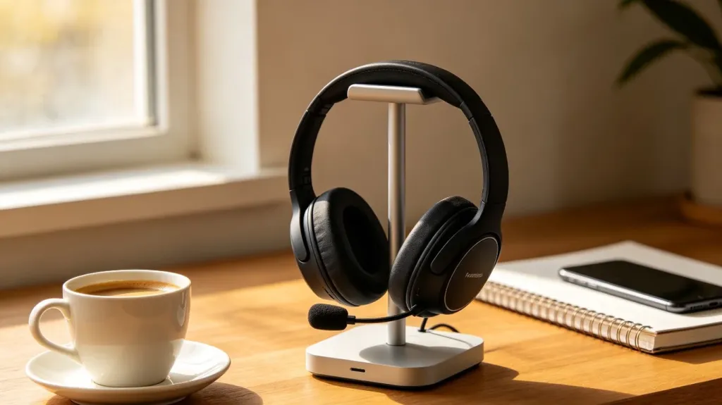 A wireless over-ear headset with boom microphone resting on a charging stand alongside a coffee cup, notebook, and smartphone on a wooden desk