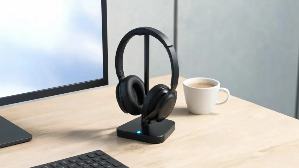 Wireless business headset resting on a modern charging stand