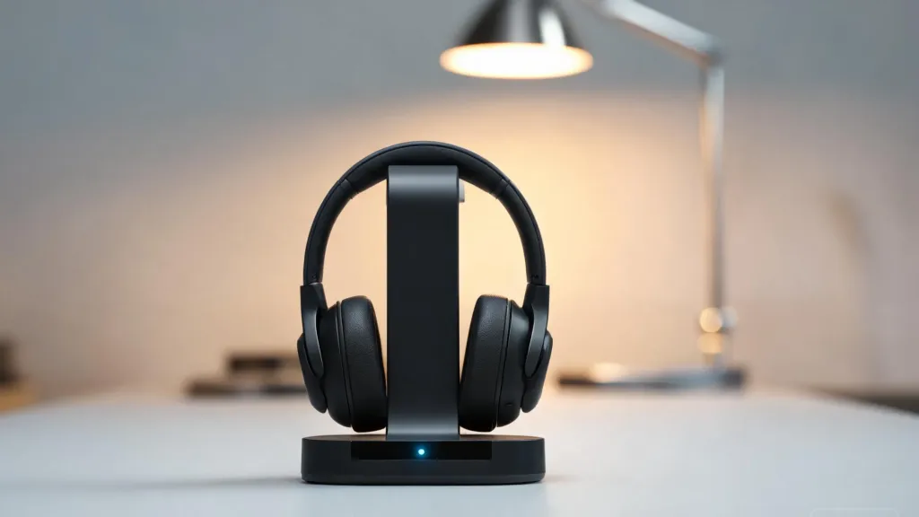 A wireless business headset neatly placed on its charging stand on a sleek modern office desk with evening ambient light