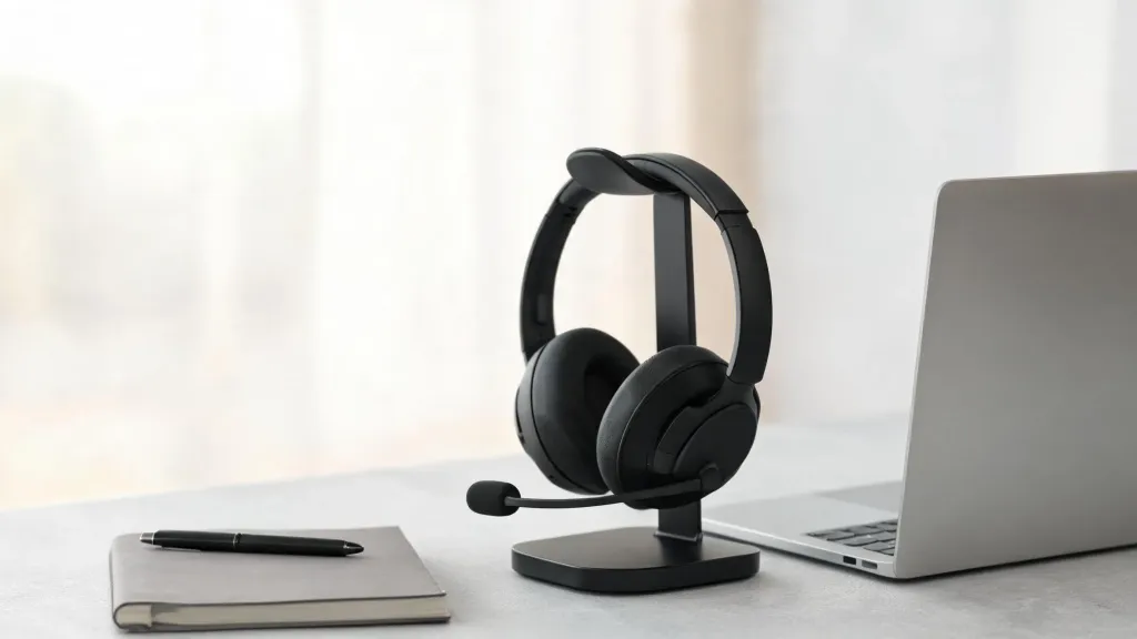 A wireless headset resting on a charging stand on a tidy desk beside a laptop and a notebook, clean professional workspace, soft daylight