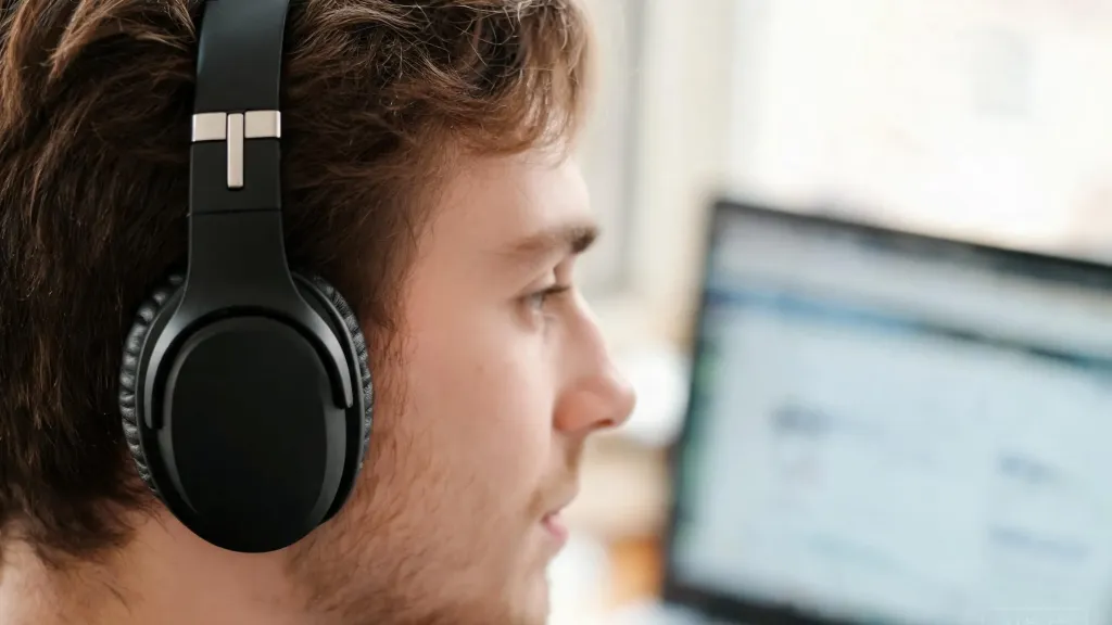 Close-up side profile of a college student wearing a black over-ear wireless headset, showing the plush ear cushion and padded headband fit, soft natural window light, shallow depth of field