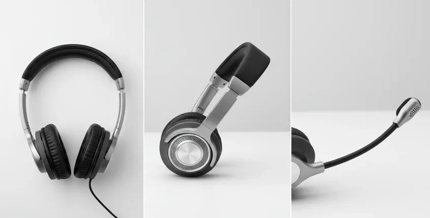 Premium call center headset shown from multiple angles highlighting memory foam cushions adjustable headband and boom microphone engineering