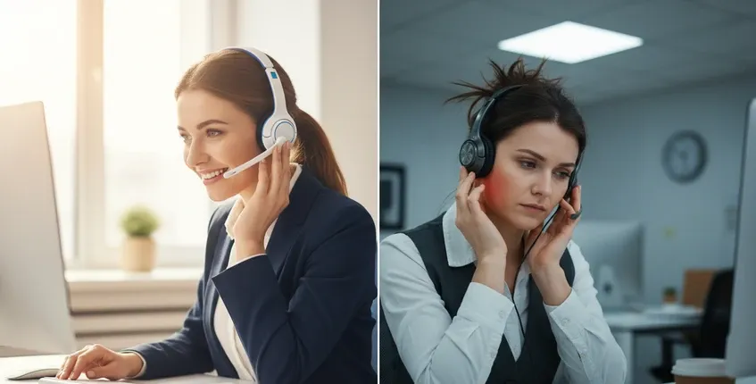 Split scene showing agent comfortable and fresh on Monday morning versus fatigued and uncomfortable after long headset wear by end of week