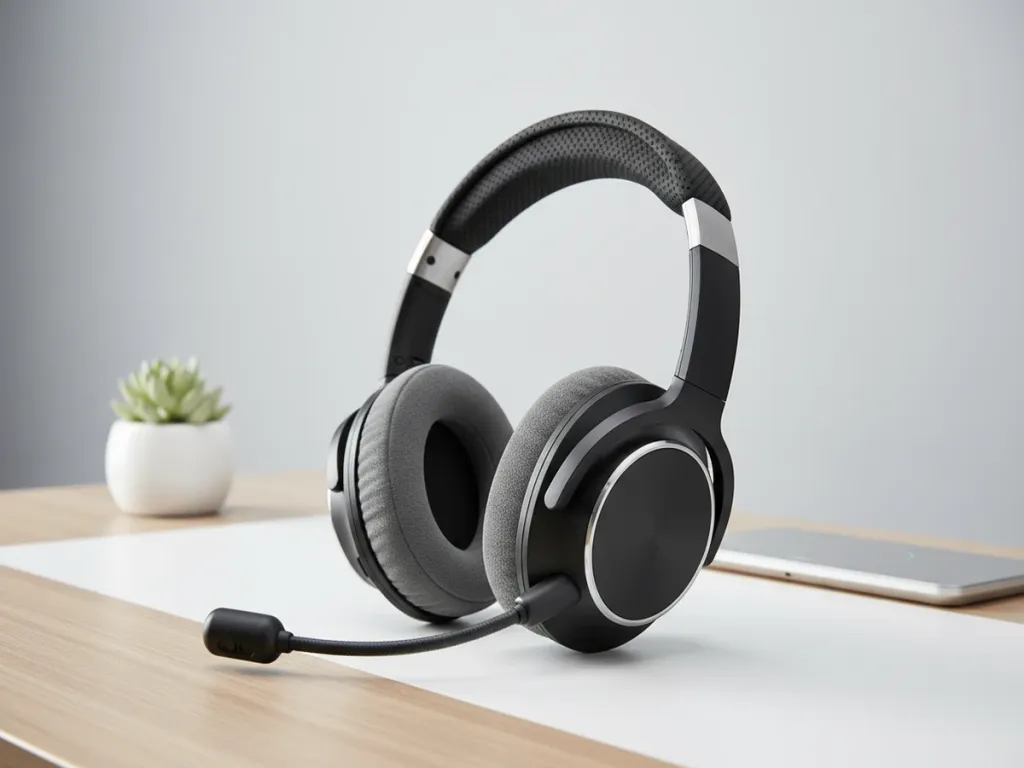Premium noise-cancelling business headset with memory foam cushions and adjustable boom microphone displayed on clean modern desk