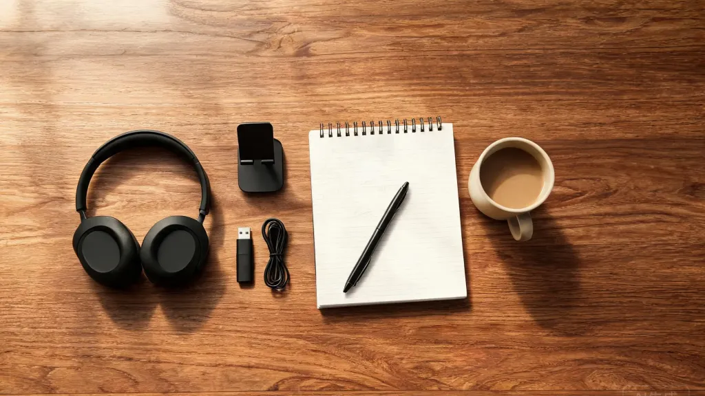 Flat lay product shot of a wireless headset with charging stand, USB dongle, and cable arranged neatly on a wooden desk next to a notebook and coffee cup, soft natural window light, editorial style
