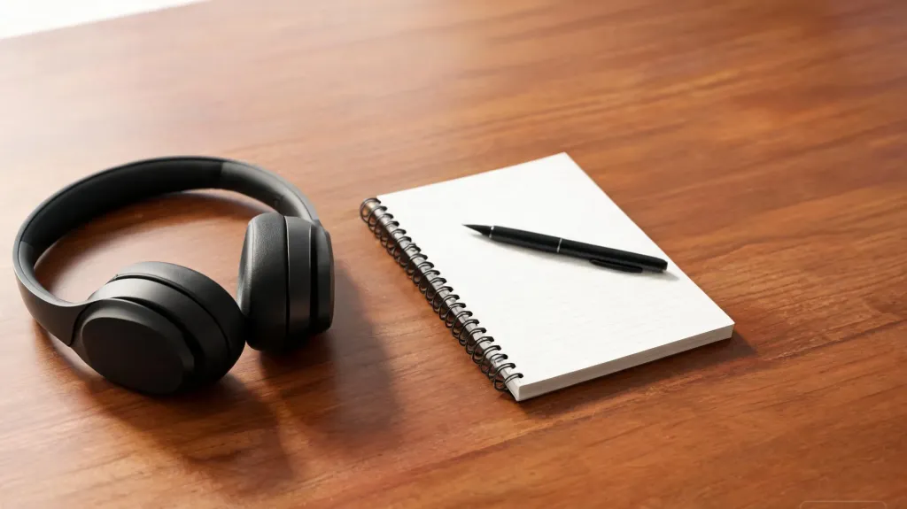 Close-up of a wireless headset on a wooden desk beside an open notebook and pen, soft natural light from a window, clean product photography style, no text, no logos, clean edges, no borders, no black bars, full bleed composition