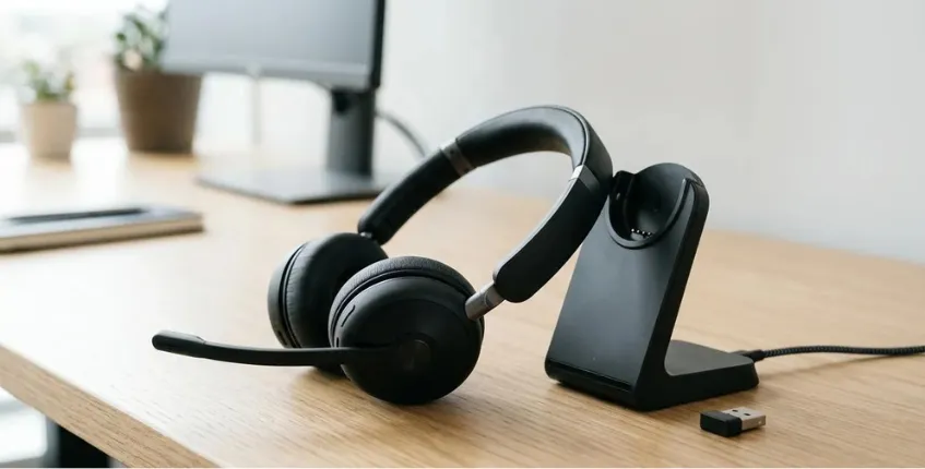 Black wireless headset with microphone on a charging dock beside a USB dongle on a modern office desk.