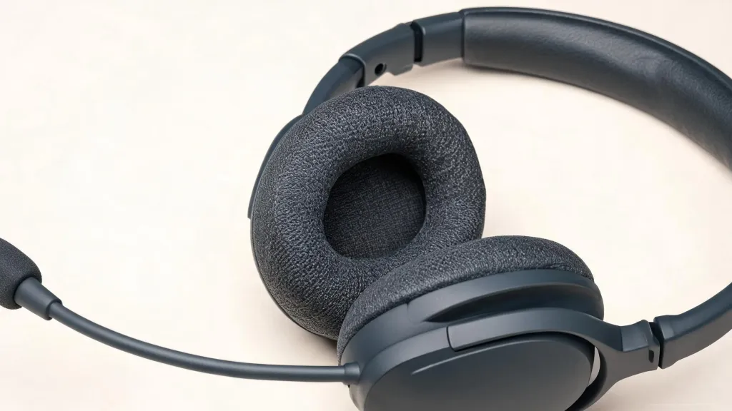 Close-up detail shot of a premium over-ear business headset on a desk, showing the boom microphone, ear cushion texture, and matte finish, soft studio lighting, no people.