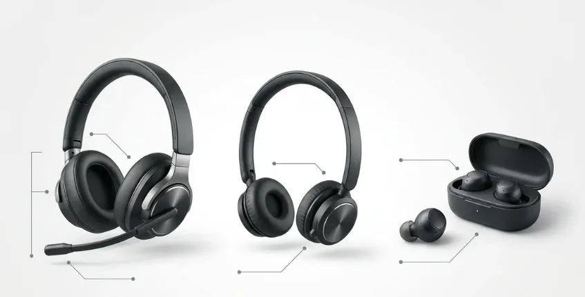 A clean, minimalist product comparison image featuring three types of wireless audio devices arranged side by side on a light gray background.