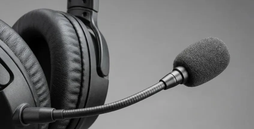 Wireless headset boom microphone detail showing mic arm and ear cushion padding on a clean background