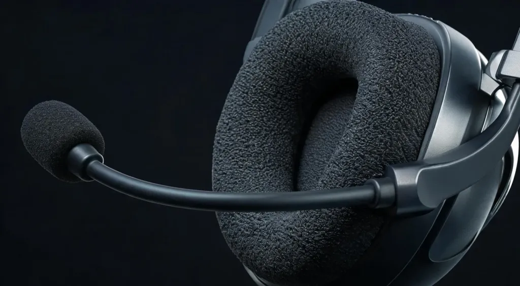 Extreme close-up of a professional headset boom microphone and memory foam ear cup with soft studio lighting, premium product photography style, dark background, clean edges, no borders, no black bars, full bleed composition