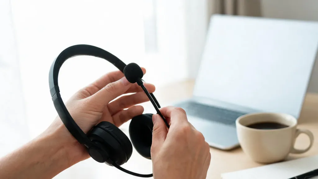 A close-up of a person's hands adjusting a wireless headset on a desk next to a laptop and coffee, showing audio setup in action, daylight
