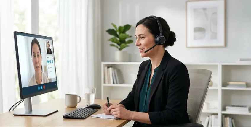 Healthcare professional wearing a wireless headset during a telehealth video consultation in a modern home office with soft natural lighting