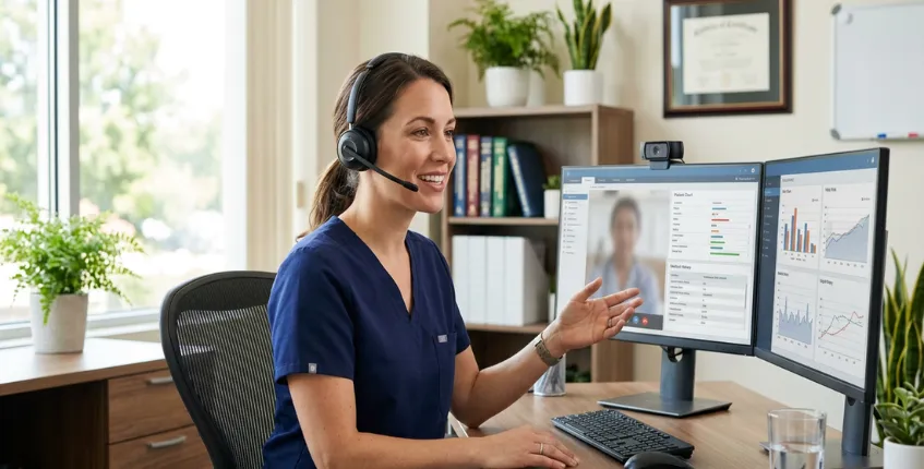 Doctor using a wireless telehealth headset during a virtual patient consultation.