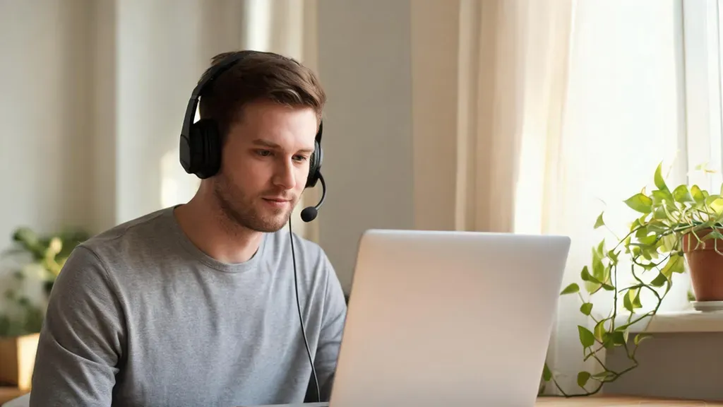 Professional wearing a wireless headset in a calm home office with soft natural lighting, focused expression, comfortable setting with plants and warm wood tones