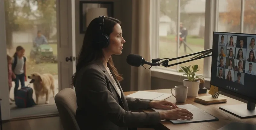 Professional on video call while lawn mower runs outside window and children arrive home from school