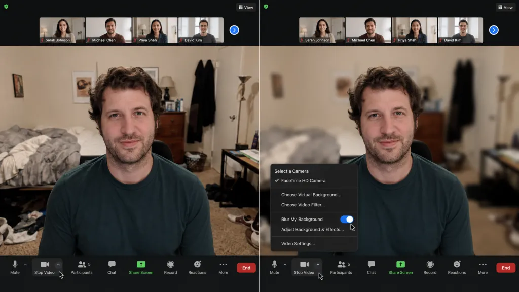 Zoom meeting before and after turning on background blur.