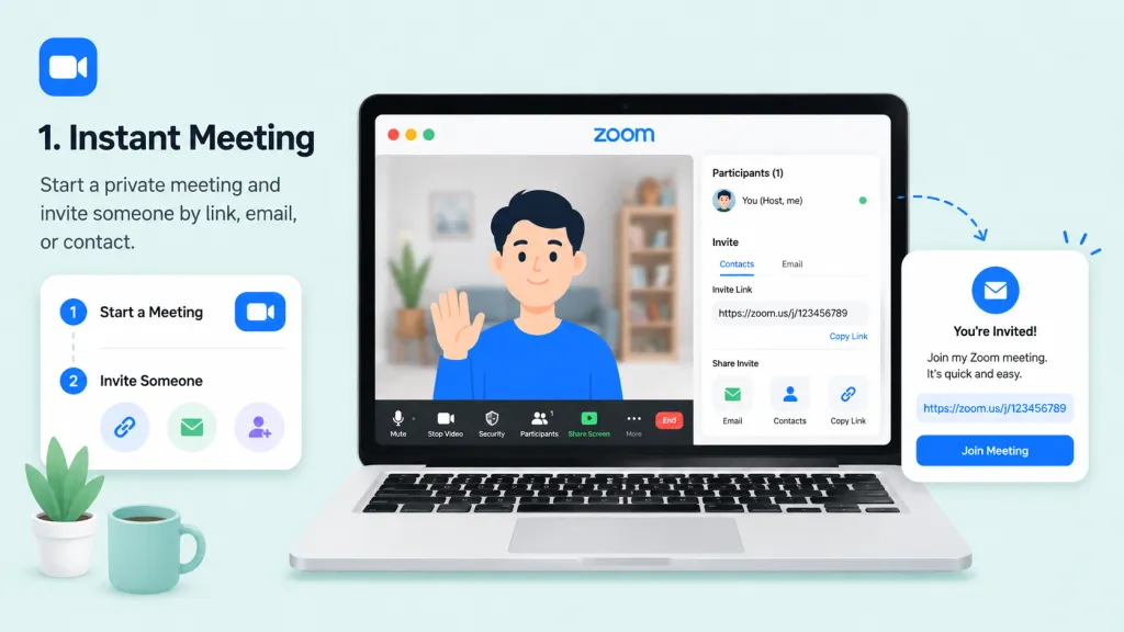 Illustration showing how to start an instant meeting on Zoom and invite someone by link, email, or contact