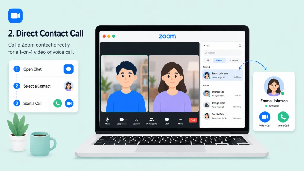 Illustration showing how to call a Zoom contact directly for a 1-on-1 video or voice call
