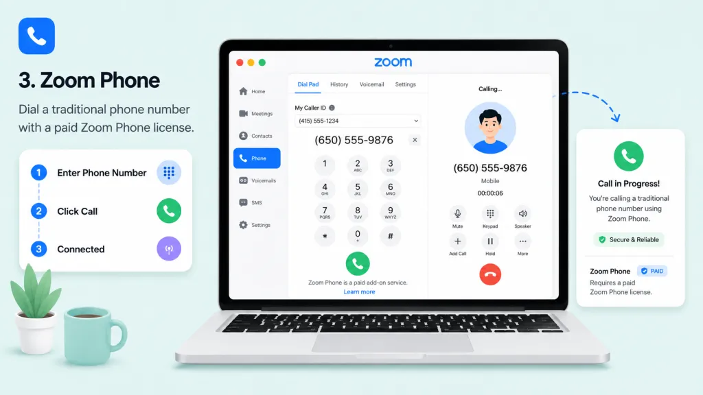 Illustration showing how to use Zoom Phone to dial a traditional phone number from the Zoom app