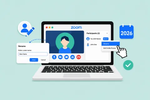 Illustration of how to change your name on Zoom using the participants and rename menu.