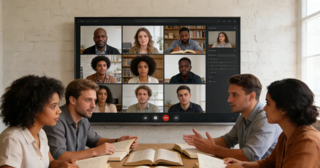 people are studying the bible in a hybrid meeting