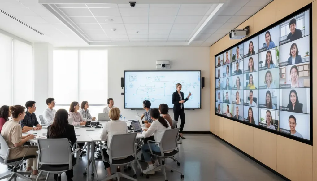 Modern hybrid classroom environment with students physically present and remote participants on a large display screen