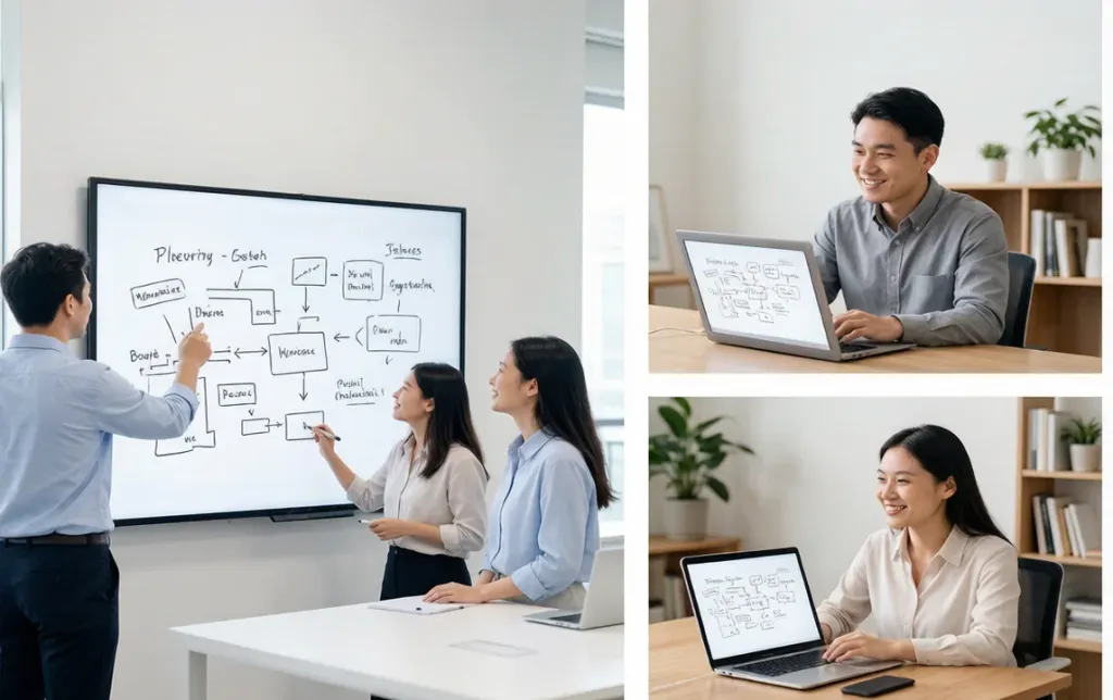 Split-screen visualization showing three people collaborating around an interactive smart board in an office on the left, and two remote workers participating via laptops on the right