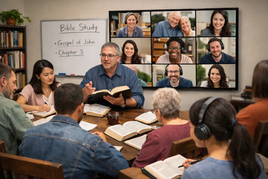 people are having a hybrid meeting on bible study