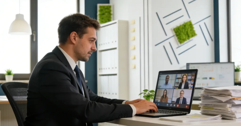 a man is having a hybrid meeting